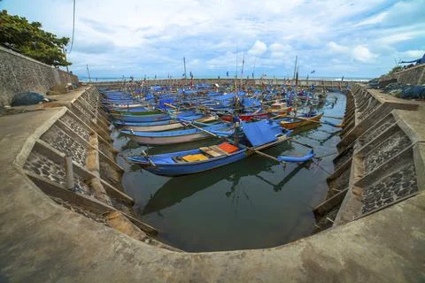 Cianjur west java Indonesia Small blue wooden fishing boats in the port Stock Photos
