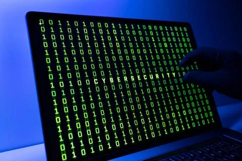 Ciber security concept. Gloved Hand, Binary code and cybersecurity word on... Stock Photos