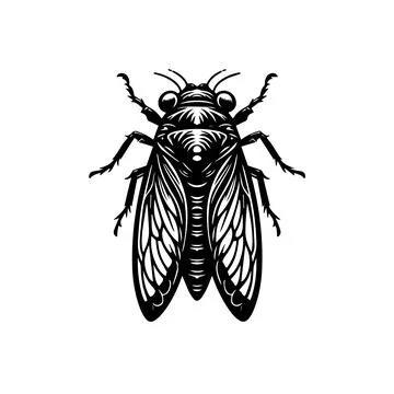 Cicada with folded wings. Black outline drawing isolated on white backgroun.. Stock Illustration