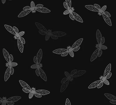 Cicada Insects Seamless Pattern with Black Background. Vector Illustrazione stock