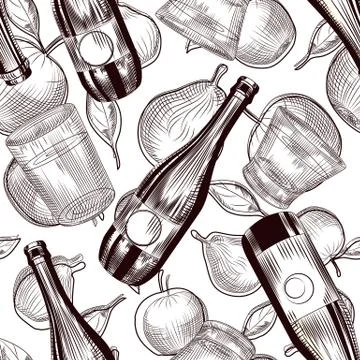 Cider bottles seamless pattern. Fruit alcohol wallpaper. Stock Illustration