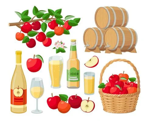 Cider set, red apples, bottles of cider, barrels, apples in basket, on branch Stock Illustration