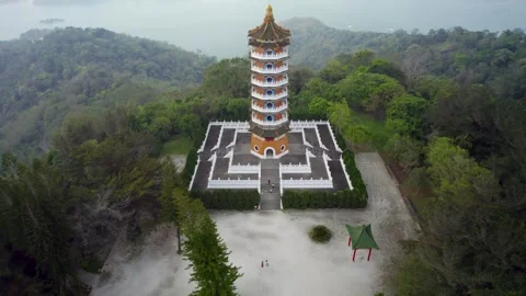 Ci’en Pagoda Patterned Terrace at Sun Moon Lake From Above Stock Footage 346155164