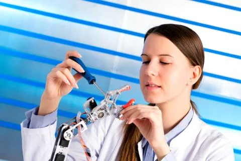 Cientist develops Software for the robot arm Stock Photos