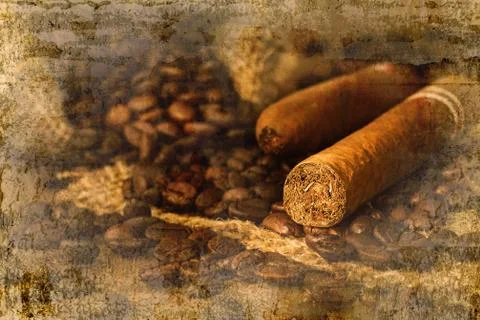 Cigar and coffee bean in small sack on the wooden table overlap with old wall Stock Photos
