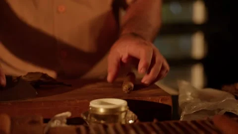 Cigar Maker Crafts a Hand Rolled Cuban Cigar in a Lounge Cutting Tobacco Leaves Stock Footage 288038840