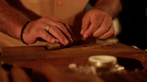 Cigar Maker Crafts a Hand Rolled Cuban Cigar in a Lounge from Tobacco Leaves Stock Footage 288038870