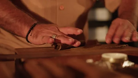 Cigar Maker Crafts a Hand Rolled Cuban Cigar in a Lounge from Tobacco Leaves Stock Footage 288038871