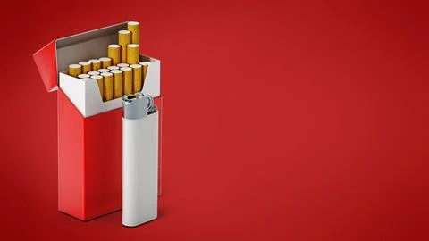 Cigarette box and lighter isolated on white background. 3D illustration Stock Illustration