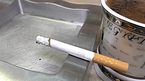 Cigarette Burning on Ashtray, Coffee Mug, Egyptian Mug -  close up, detail Stock Footage 82839317