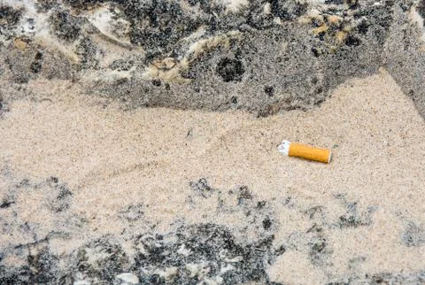 Cigarette butt on beach sand Stock Photos