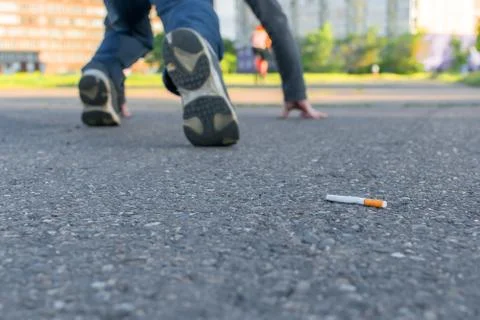 Cigarette butt lies on the asphalt path Stock Photos