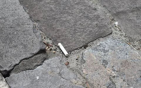 A cigarette butt on the pavement. Stock Photos
