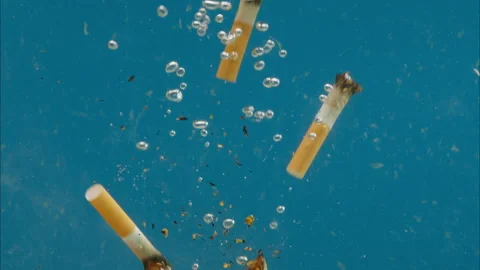 Cigarette butts floating, Trash in ocean water, sea pollution, ecology problems Stock Footage 158678648
