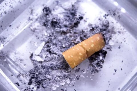 Cigarette consumed in an ashtray with ashes Stock Photos