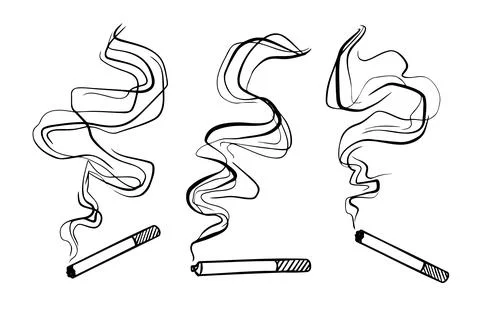 Cigarette drawing single one with a lot of thick smoke. Simple outline doodle Stock Illustration