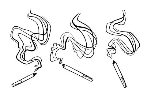 Cigarette drawing single one with a lot of thick smoke. Simple outline doodle Stock Illustration