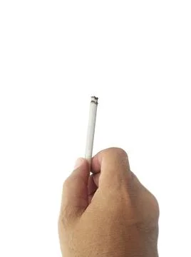 A cigarette in a hand, isolate hand and cigarette, cigarette white background Stock Photos