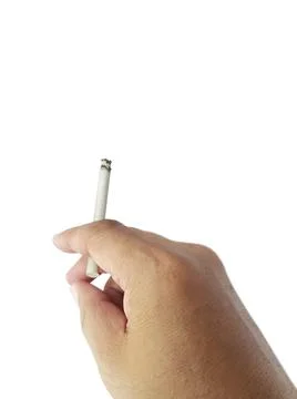 A cigarette in a hand, isolate hand and cigarette, cigarette white background Stock Photos