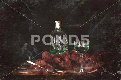 Cigarette lit with alcohol. lean on a 30s scarf Vintage style photography wit Stock Photos