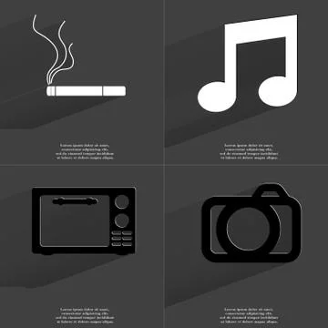Cigarette, Note sign, Microwave, Camera. Symbols with long shadow. Flat design Illustrazione stock