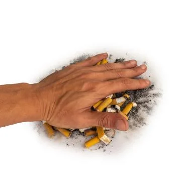 Cigarette pile hand butt isolated on white background Foto stock