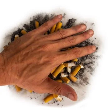 Cigarette pile hand butt isolated on white background Foto stock