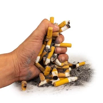 Cigarette pile hand butt isolated on white background Foto stock