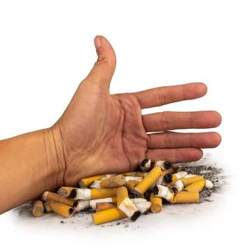 Cigarette pile hand butt isolated on white background Foto stock