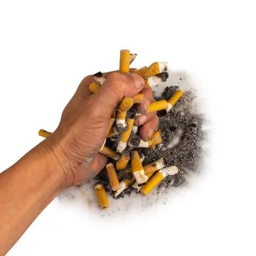 Cigarette pile hand butt isolated on white background Foto stock