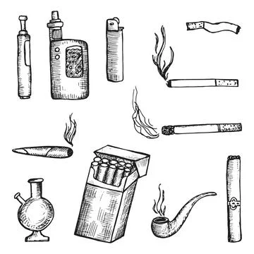 Cigarette smoking objects set vector sketches Stock Illustration