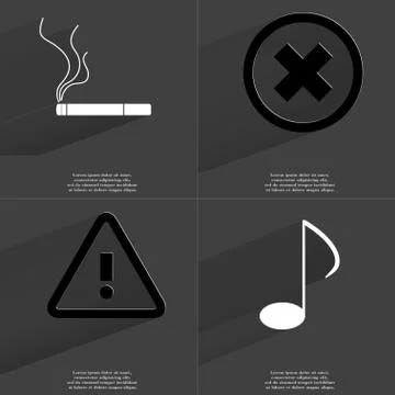 Cigarette, Stop, Warning, Note sign. Symbols with long shadow. Flat design 库存插图