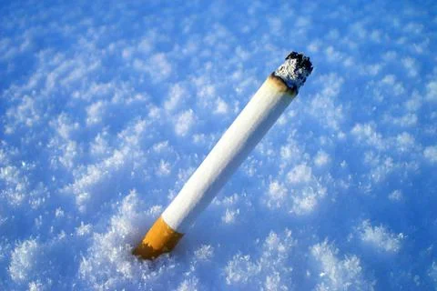 Cigarette on white snow Stock Photos