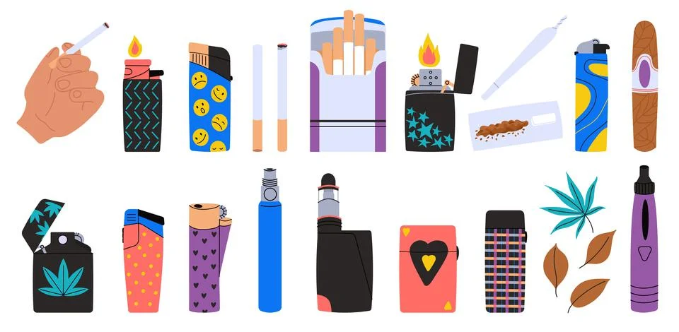 Cigarettes and lighters isolated elements. Vape and cigar, e-cigarette and Stock Illustration