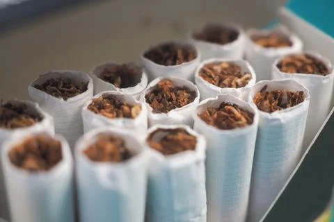Cigarettes arranged in a pack on a flat surface Stock Photos