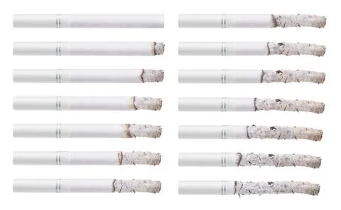 Cigarettes during different stages of burn. Isolated on white Stock Photos