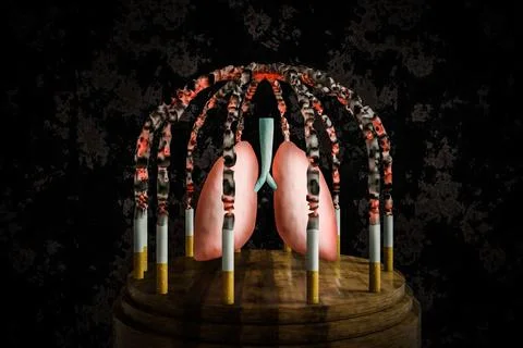 Cigarettes lit in a cage shape hold a prisoner lung on wood round Stock Illustration
