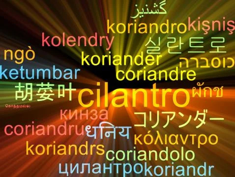 Cilantro multilanguage wordcloud background concept glowing Illustrazione stock