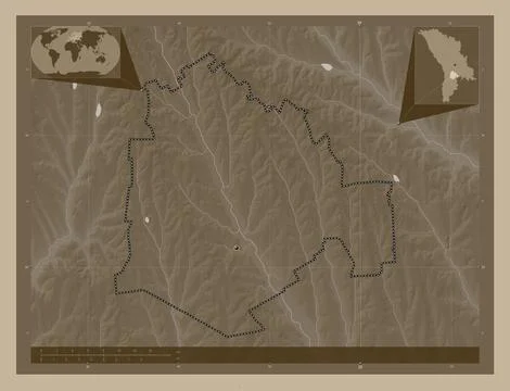 Cimislia, Moldova. Elevation map colored in sepia tones with lakes and rivers 库存插图