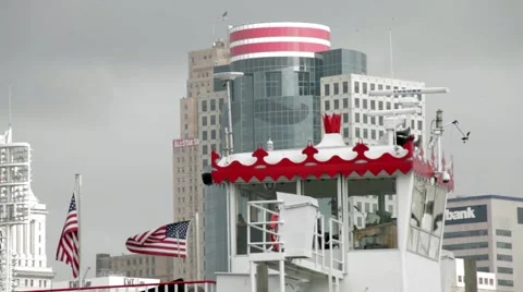 CINCINNATI, BUILDING WITH REDLEG MUSTACHE, RIVER BOAT TOP IN FRONT Stock Footage 59184024
