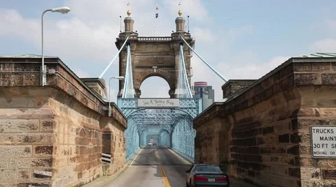 CINCINNATI, ENTRANCE TO ROEBLING BRIDGE, BEAUTIFUL SUSPENSION BRIDGE Stock Footage 59184058