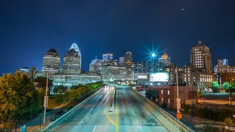 Cincinnati highway time lapse at night with skyline 4k 1080p Stock Footage 77576049