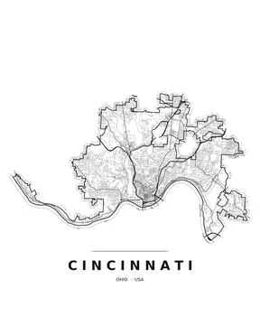 Cincinnati OH Street Map Road Network Highways Black White Editable Vector Stock Illustration