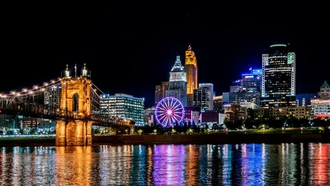 Cincinnati Ohio River Night Skyline Ferris Wheel Stock Footage