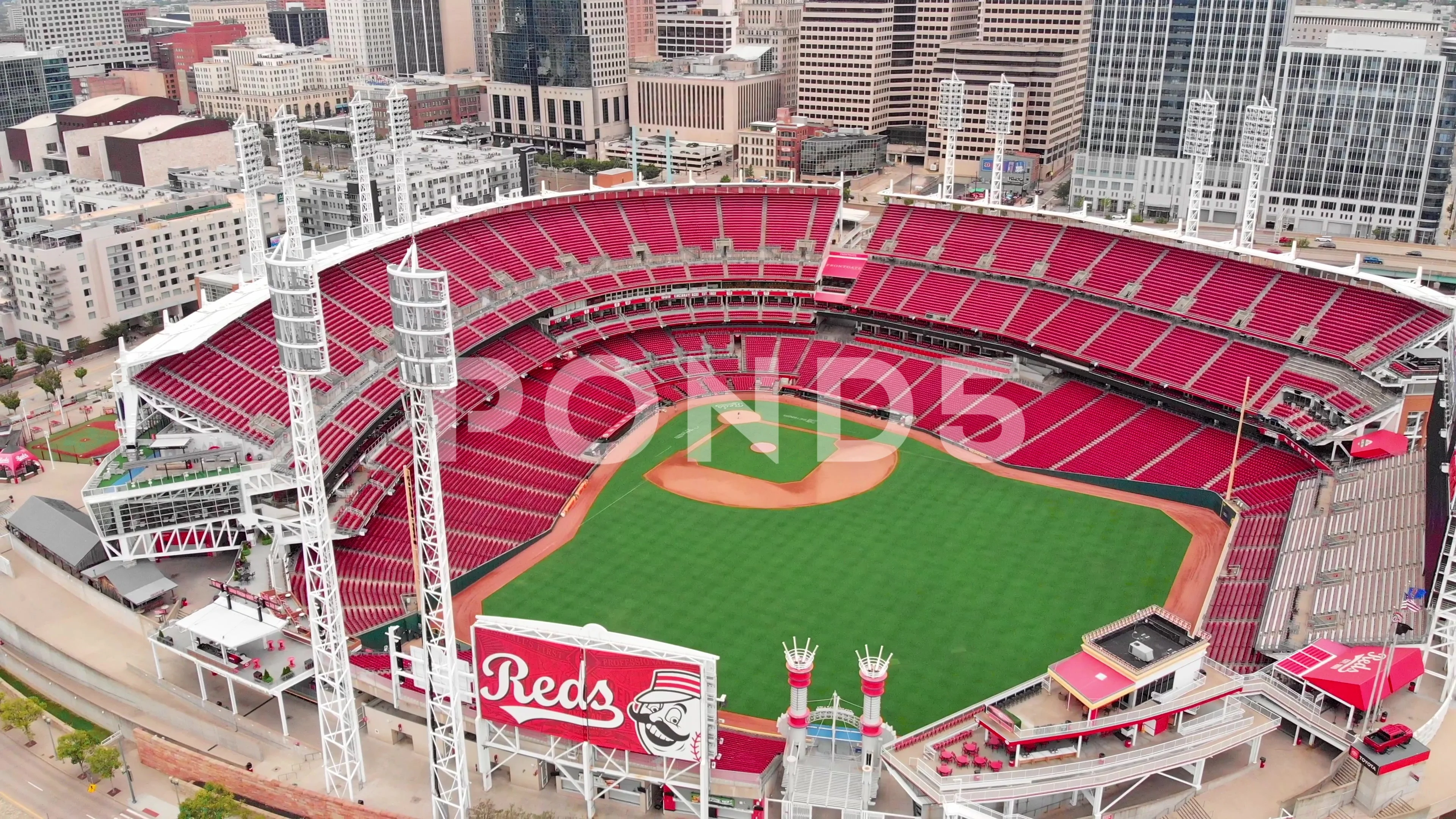 Aerial view of downtown Cincinnati, Ohio focusing on the Great American  Ballpark, home field of the city's Cincinnati Reds baseball team