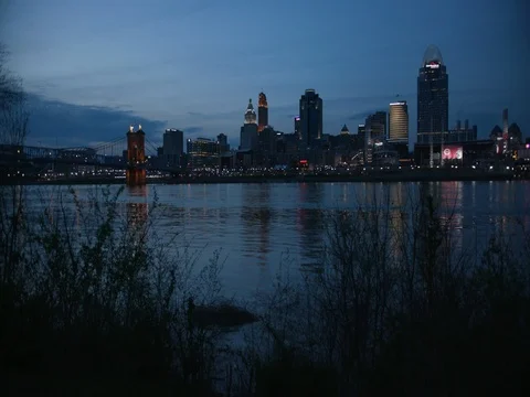 Cincinnati Riverfront Skyline Night Ohio River Roebling Suspension Bridge Stock Footage 80378685