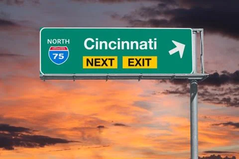 Cincinnati Route 75 Freeway Next Exit Sign with Sunset Sky Stock Photos
