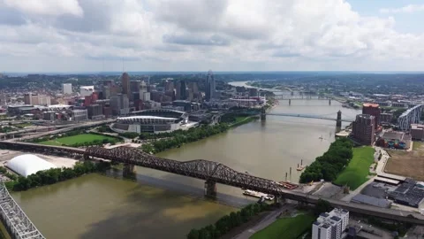 Cincinnati skyline, Ohio River bridges and downtown sports stadium Stock Footage 345523078