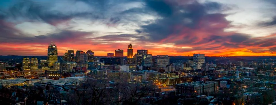 Cincinnati Skyline Panorama Sunset Stock Photos