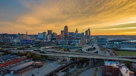 Cincinnati Skyline Sunrise Drone Hyper-Lapse 4K Stock Footage